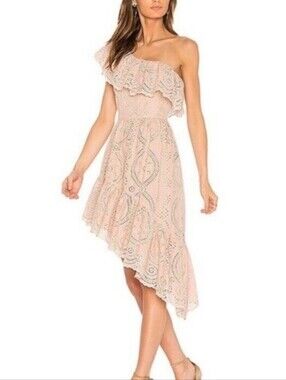 LoveShackFancy Pamela One Shoulder Eyelet Ruffle Dress in Blush Pale Pink sz MED